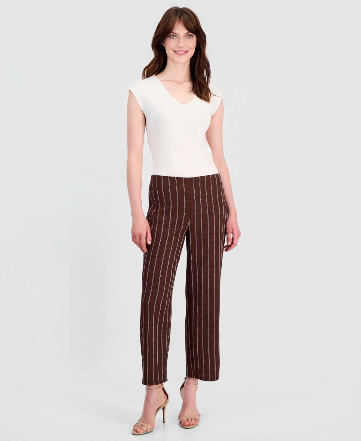Women's Striped Textured-Knit Pull-On Pants, Regular & Petite - Dark Chocolate / White Dove