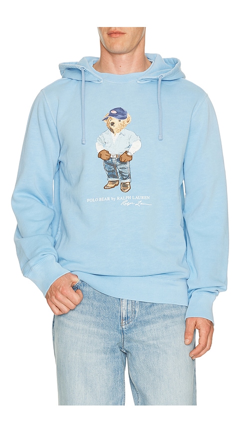 Polo Ralph Lauren Long Sleeve Vintage Fleece Novelty Denim Bear Hoodie in Chambray Blue Denim Bear - Blue. XXL/2X also in M, L, XL/1X