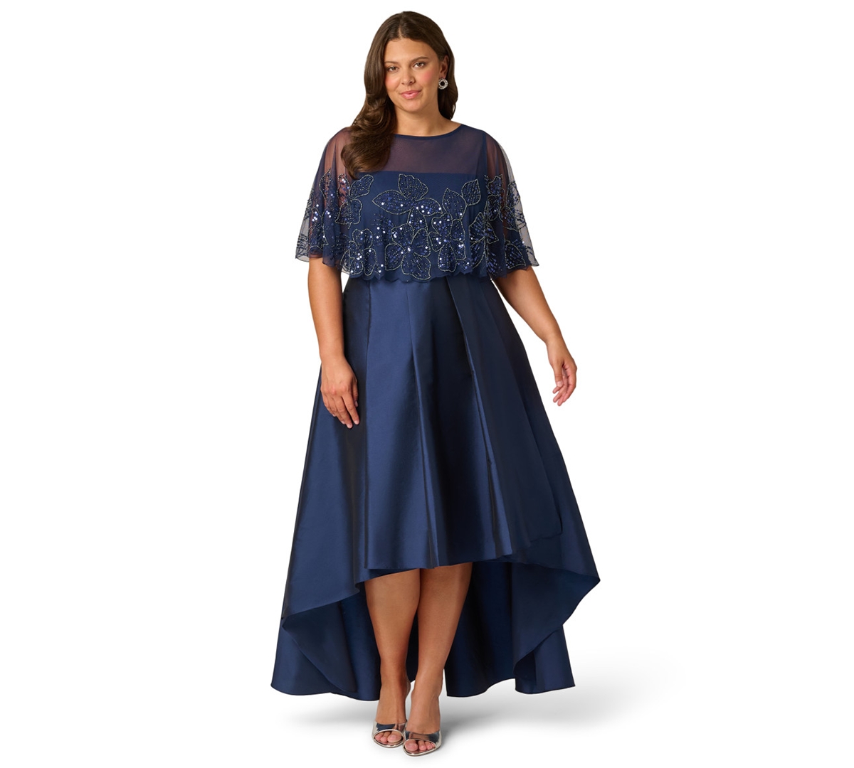 Plus Size Cape Detail Asymmetrical Ball Gown - Light Navy
