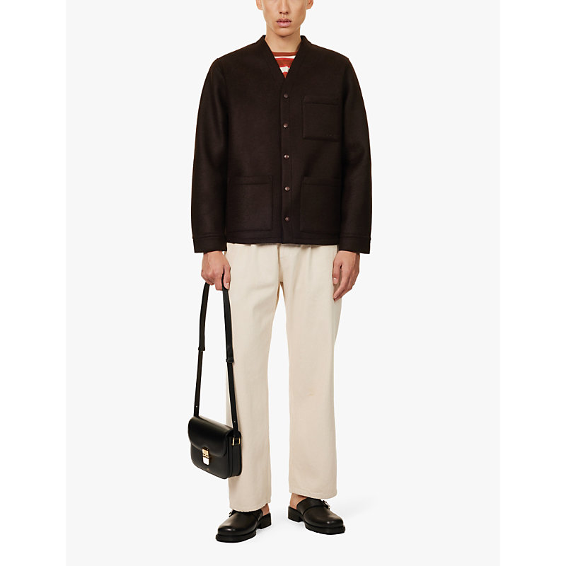 Mens Dark Brown Aurelien Boxy-fit Tonal-embroidery Knitted Jacket