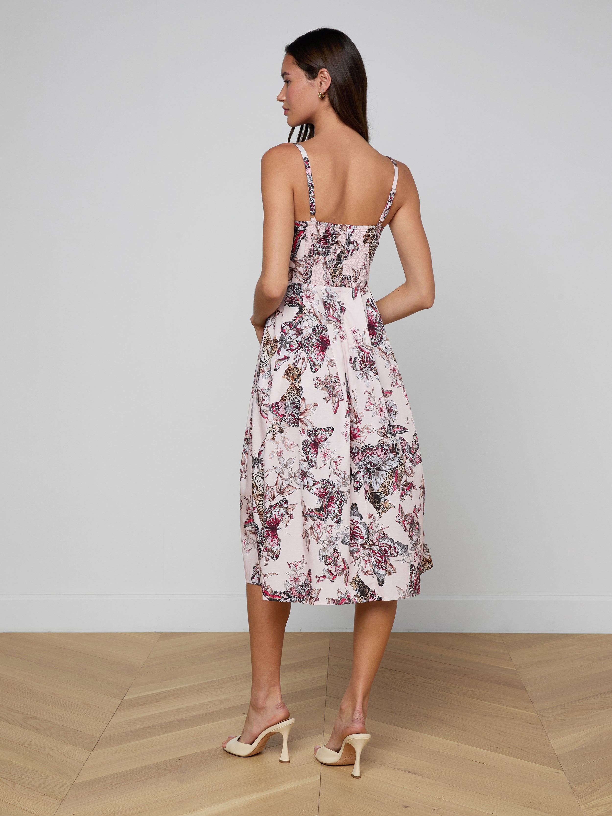 Reanne Midi Dress In Light Nectar Pink Multi Large Butterfly Jungle