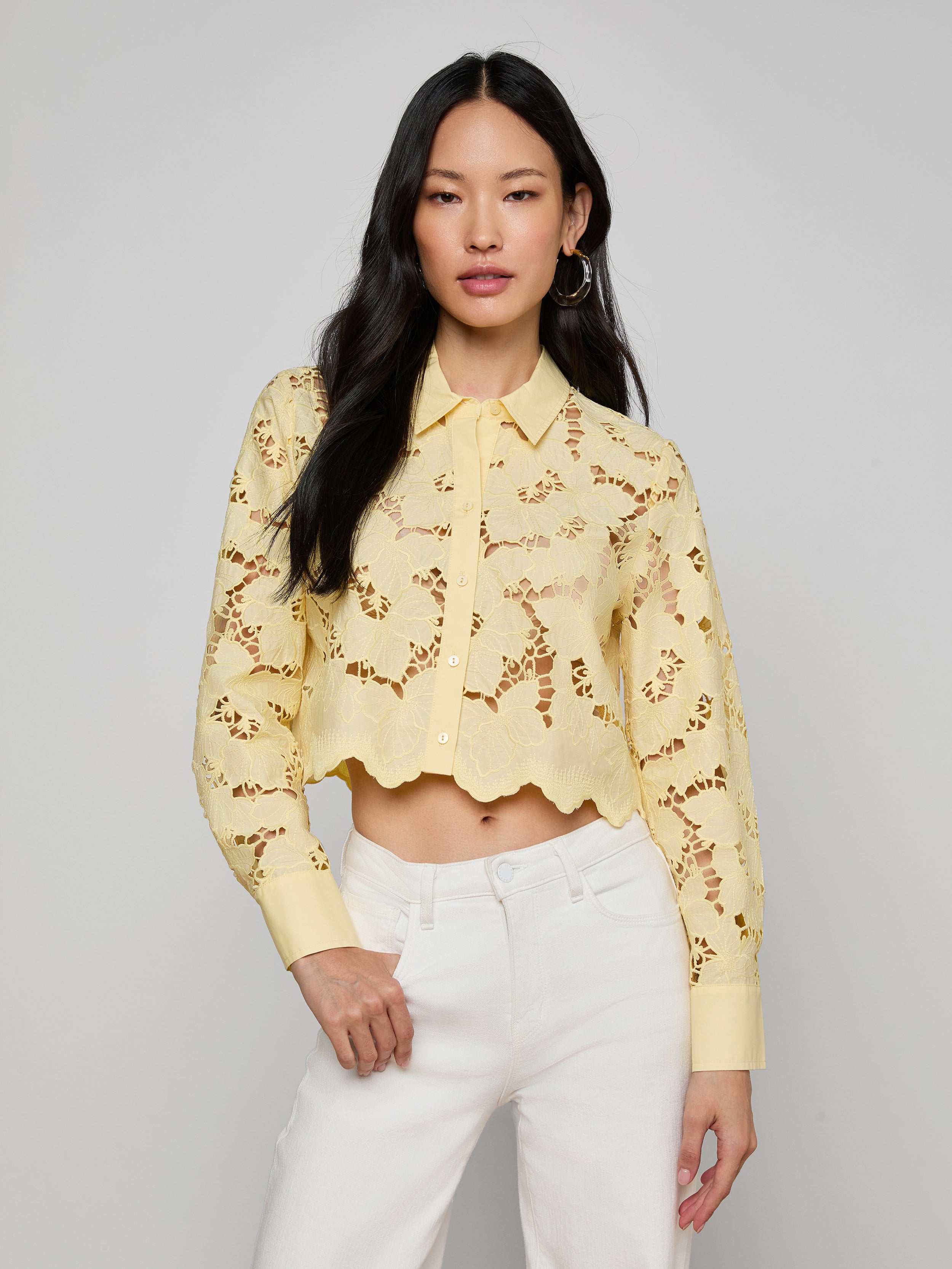 Seychelle Cropped Eyelet Blouse Top In Lemon Sorbet