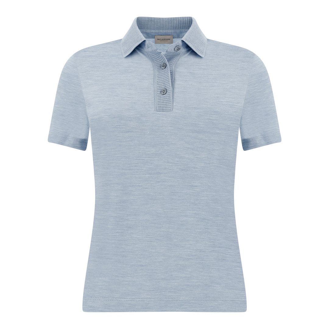 Silk and Cotton V-Neck Polo Shirt, Woman, Blue Melange