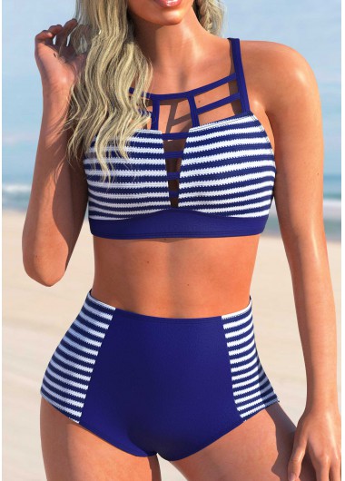 Modlily Stripe Print Navy Blue Cross Strap Bikini Set