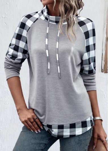 Modlily Light Grey Patchwork Plaid Long Sleeve Sweatshirt