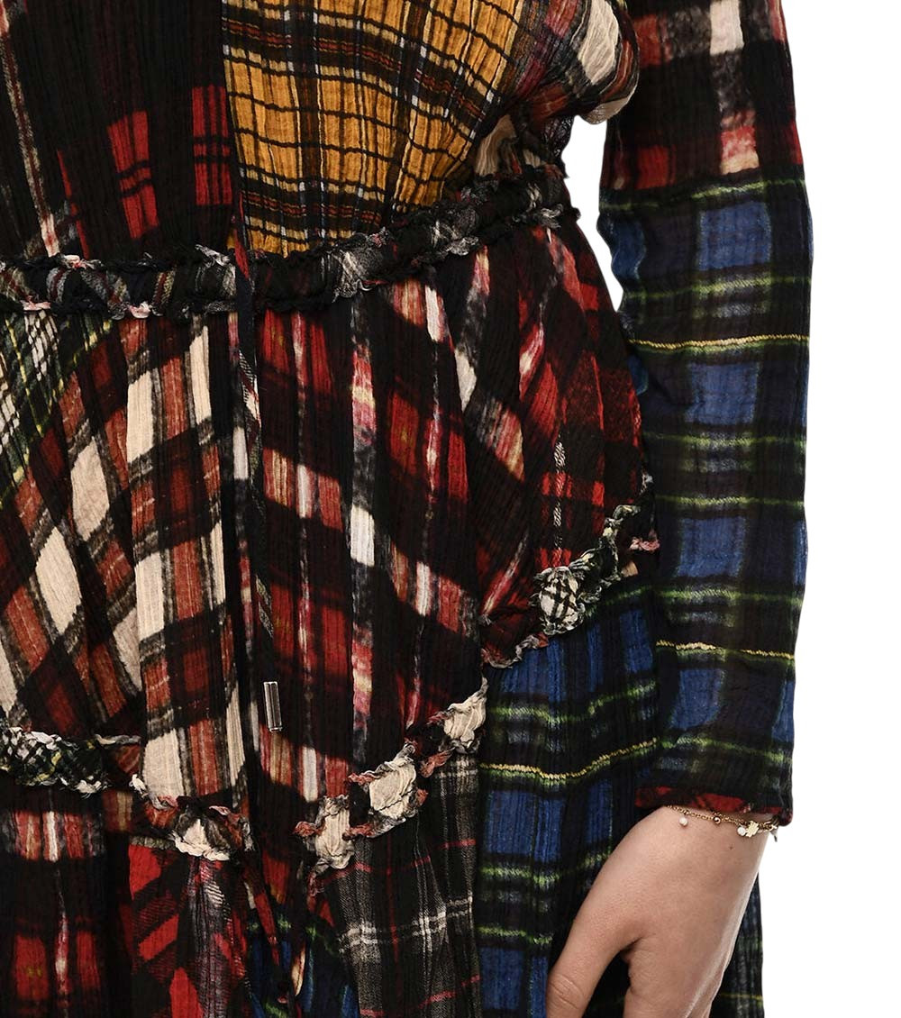 Multicolor Plaid Round Neck Midi Dress
