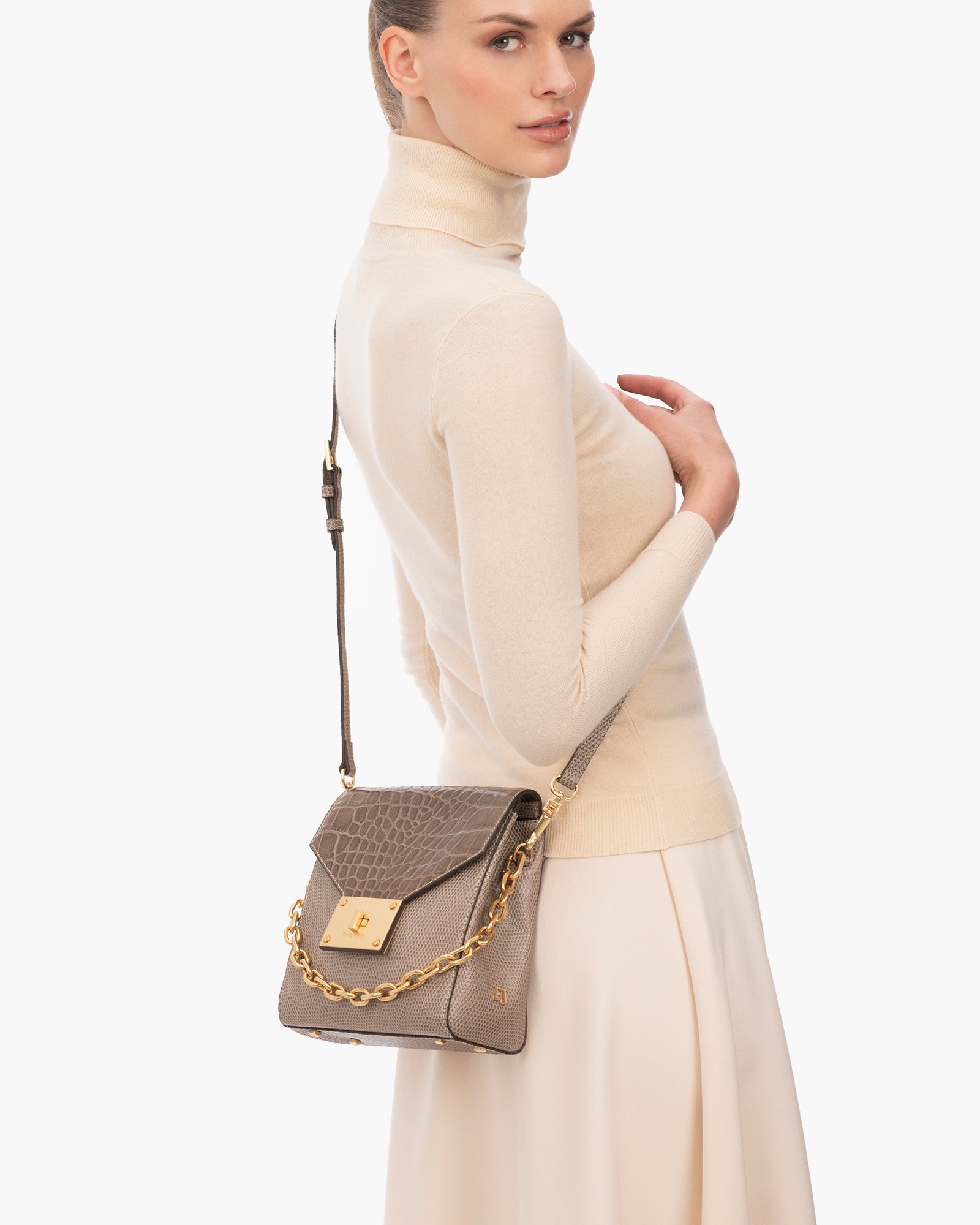 Livia Embossed Calf Leather Crossbody Bag for Women - Black, Detachable Chain Top Handle, Adjustable Strap