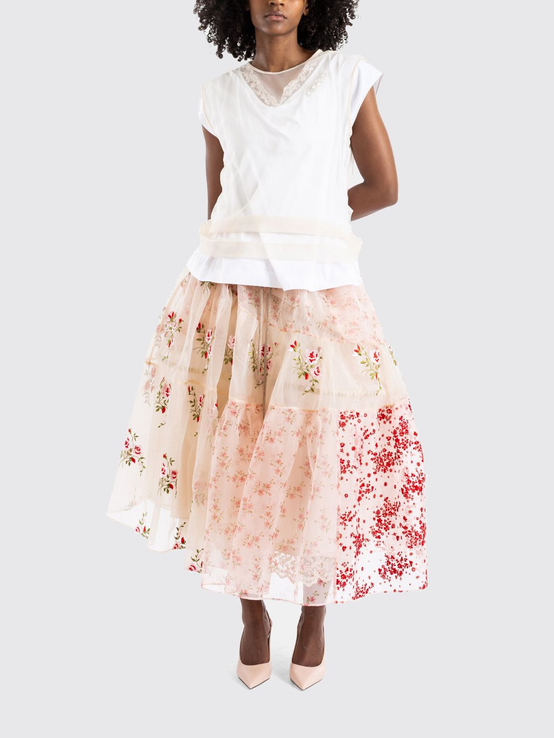 Cotton T-shirt with Embroidered Tulle Inserts and Crystals