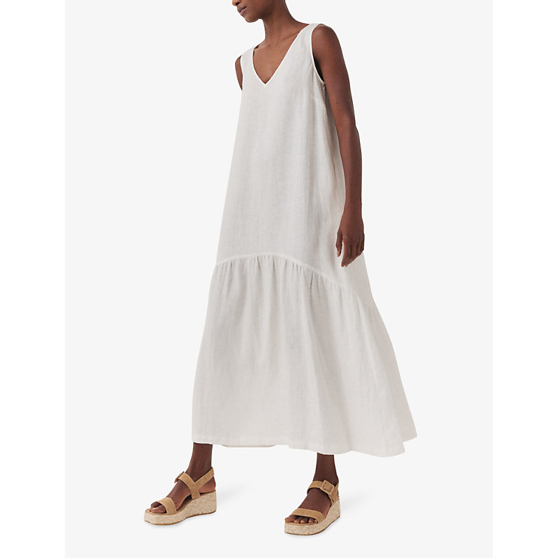 Womens White V-neck Curved-hem Linen Maxi Dress