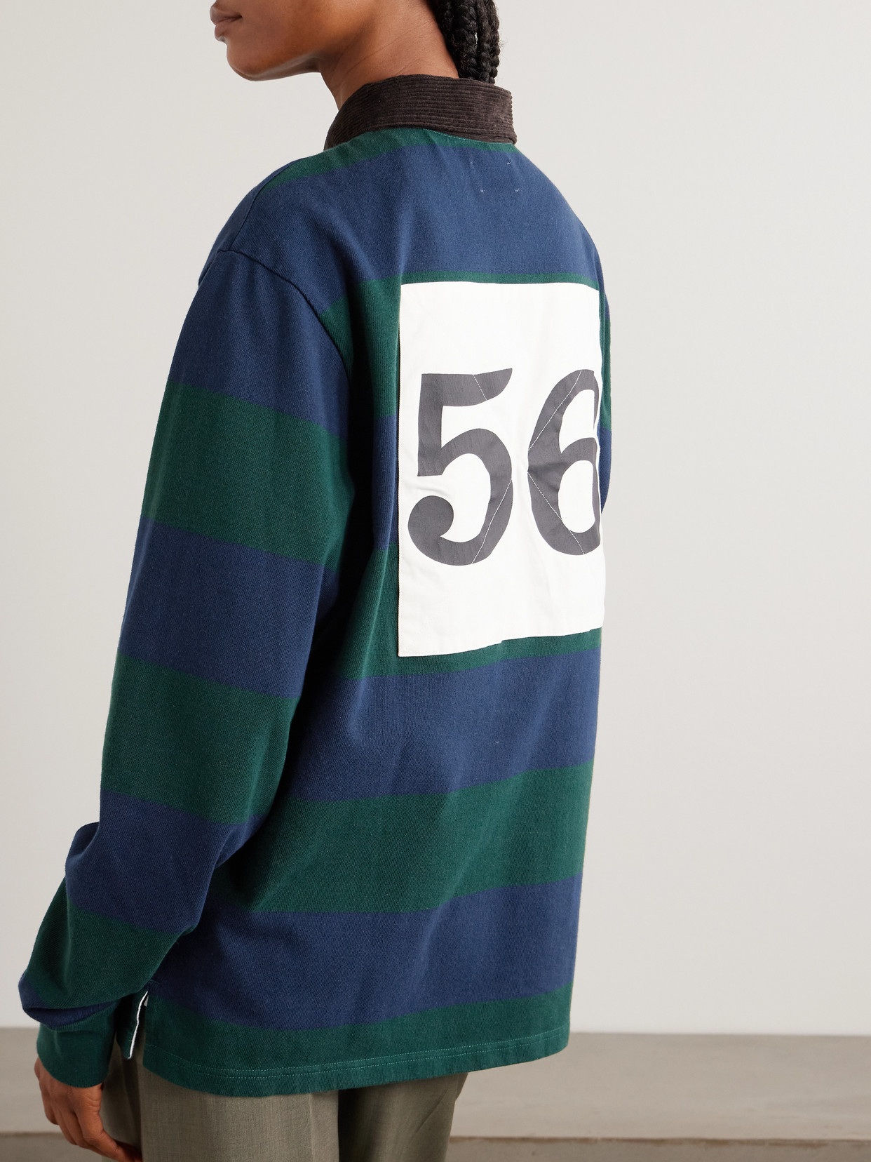 Script Embroidered Printed Striped Corduroy-trimmed Cotton Rugby Shirt - Green