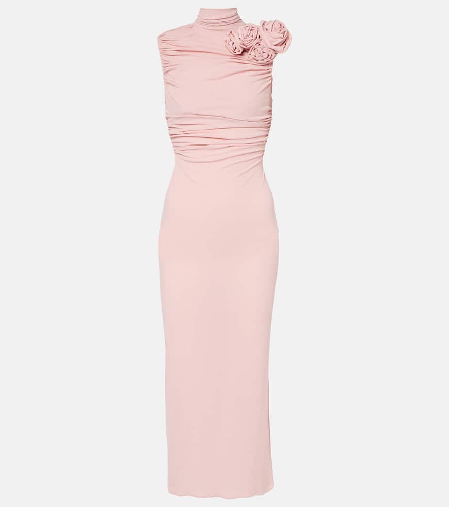 Floral-appliqué hooded silk-blend midi dress