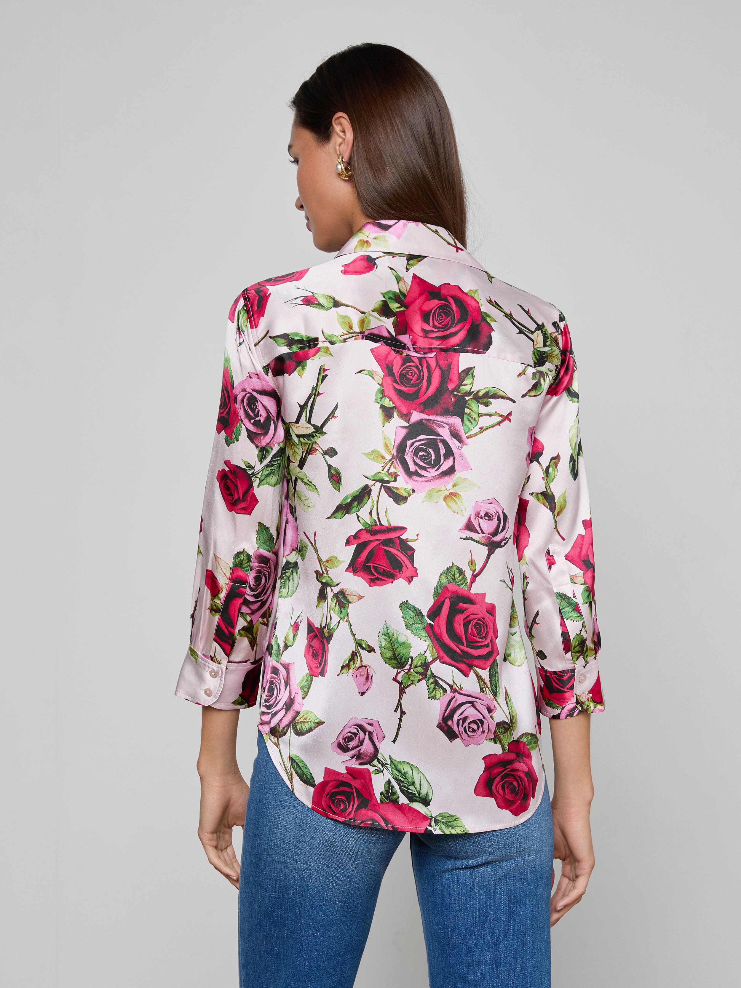 Dani Silk Blouse Top In Pink Multi Romantic Rose