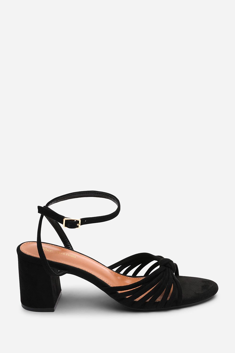 Where's That From Blossy Knotted Block Heel Sandal With Ankle Strap Suede In Black