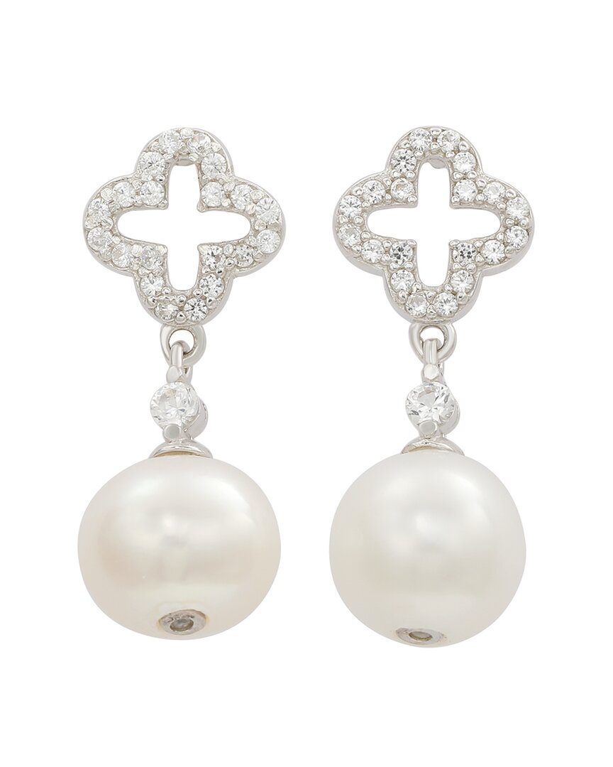 Silver Created White Sapphire & 8Mm Pearl Clover Dangle Earring