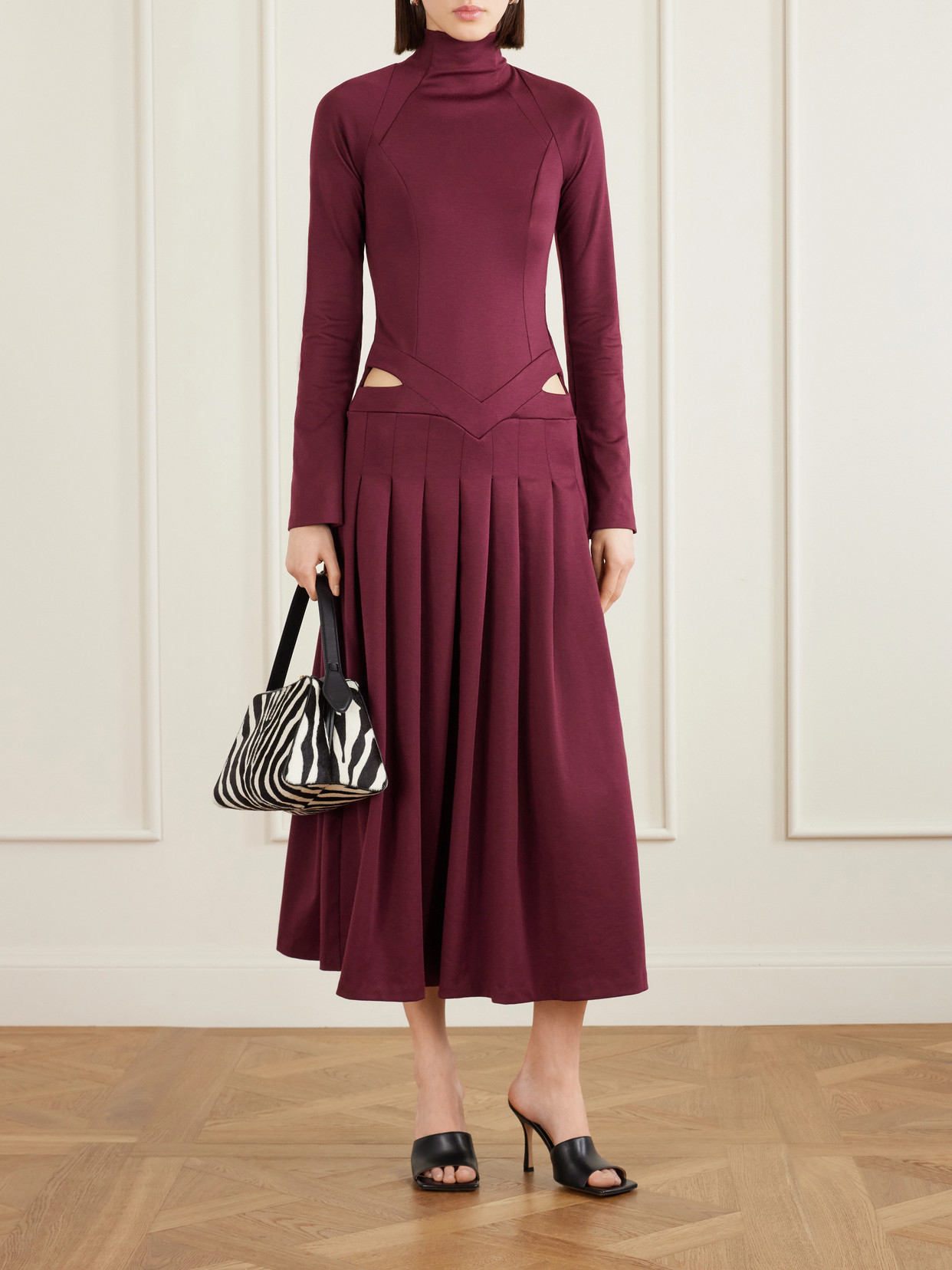 Open-back Cutout Pleated Jersey Turtleneck Midi Dress - Burgundy