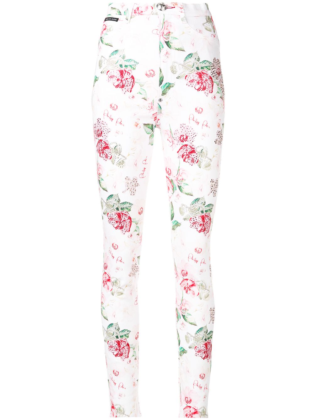 Embellished rose print jeans - White