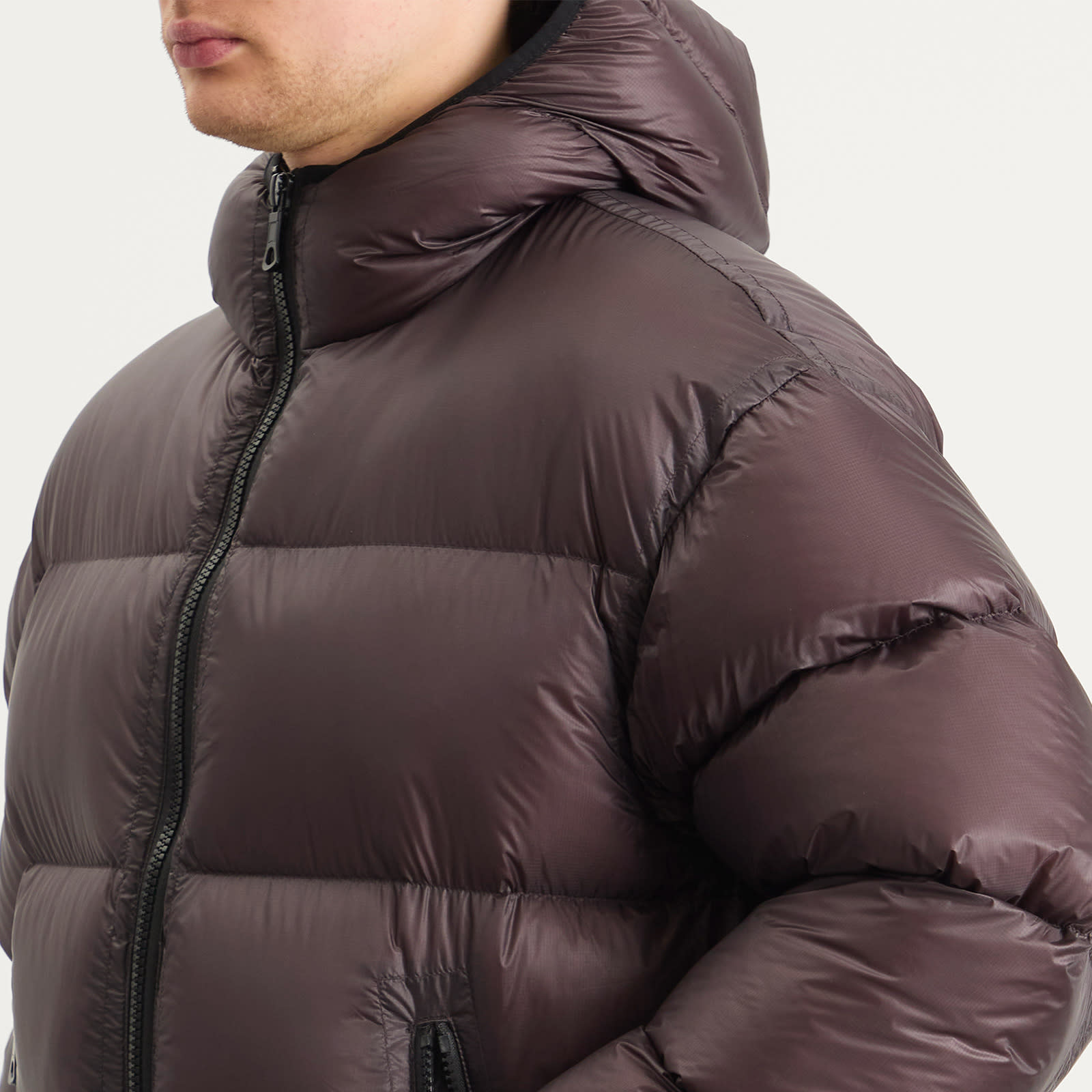 Men's Translucent Hooded Bubble Jacket in Raisin