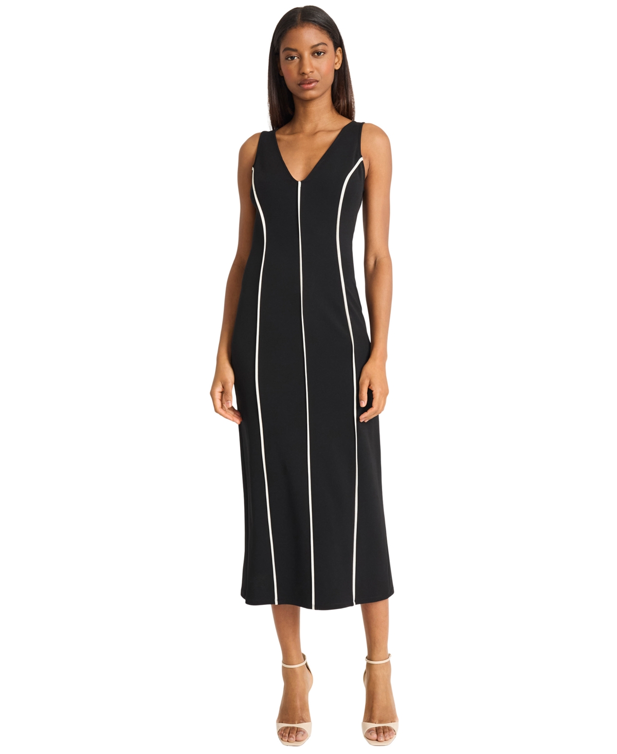 Women's V-Neck Midi Dress - Black/Ivory