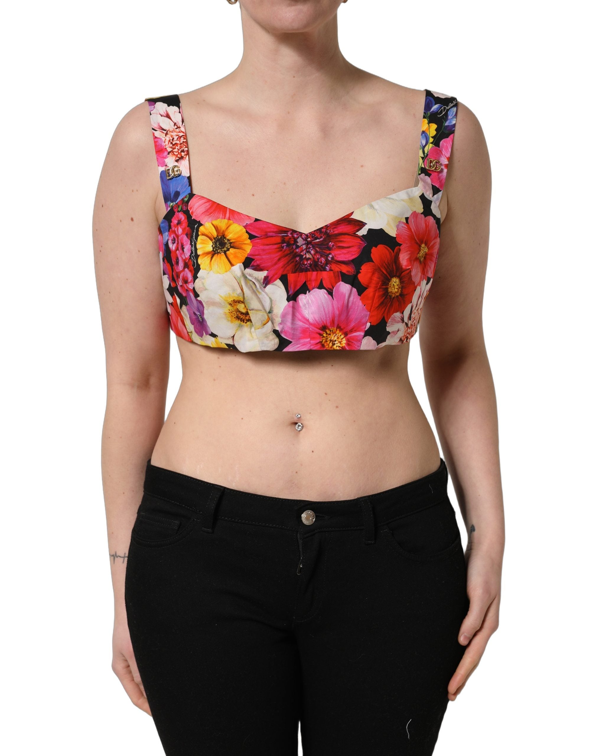 Floral-Print Cropped Bustier Blouse — Multicolor