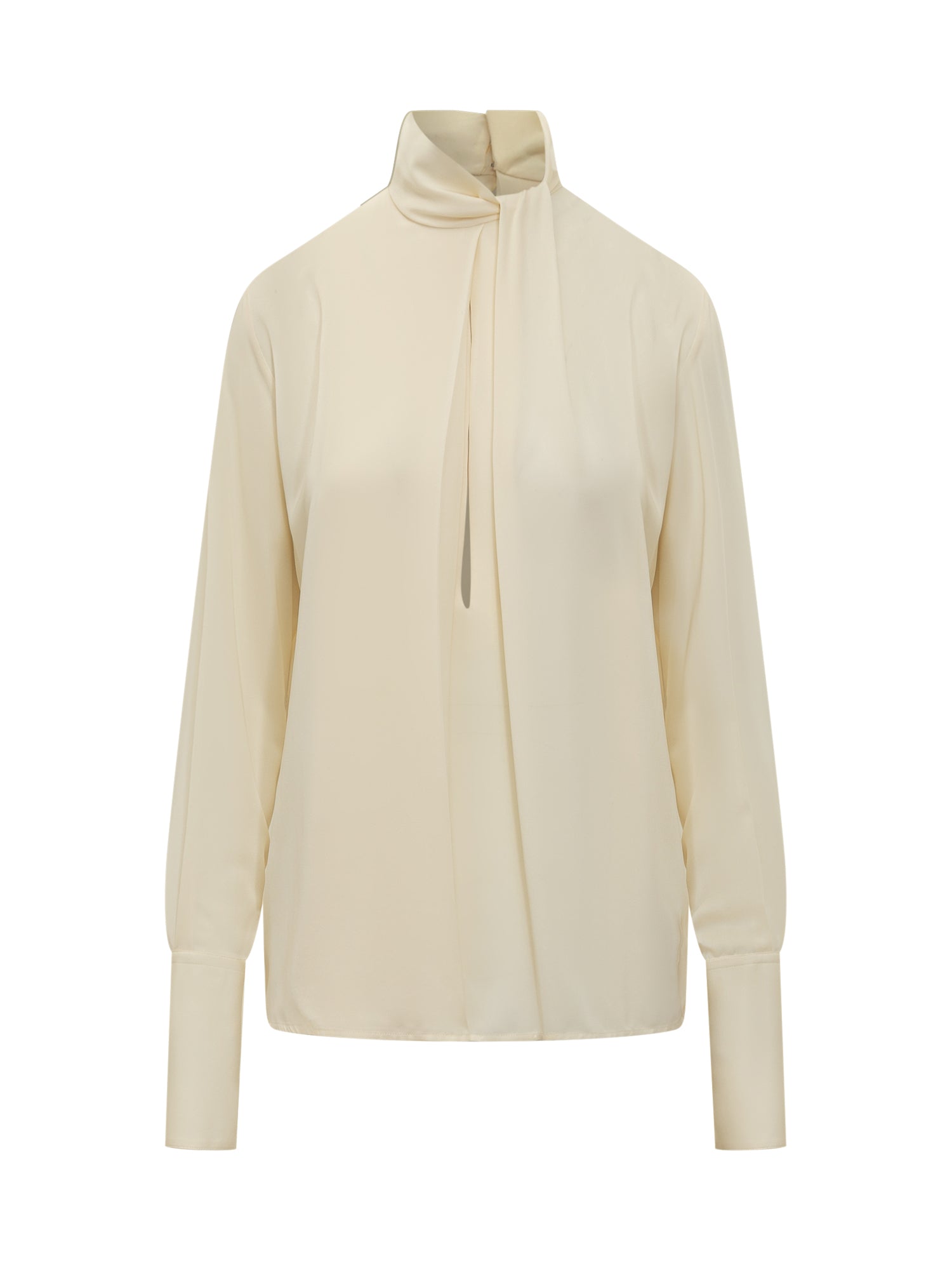 Silk Blouse with High Neck and Bow