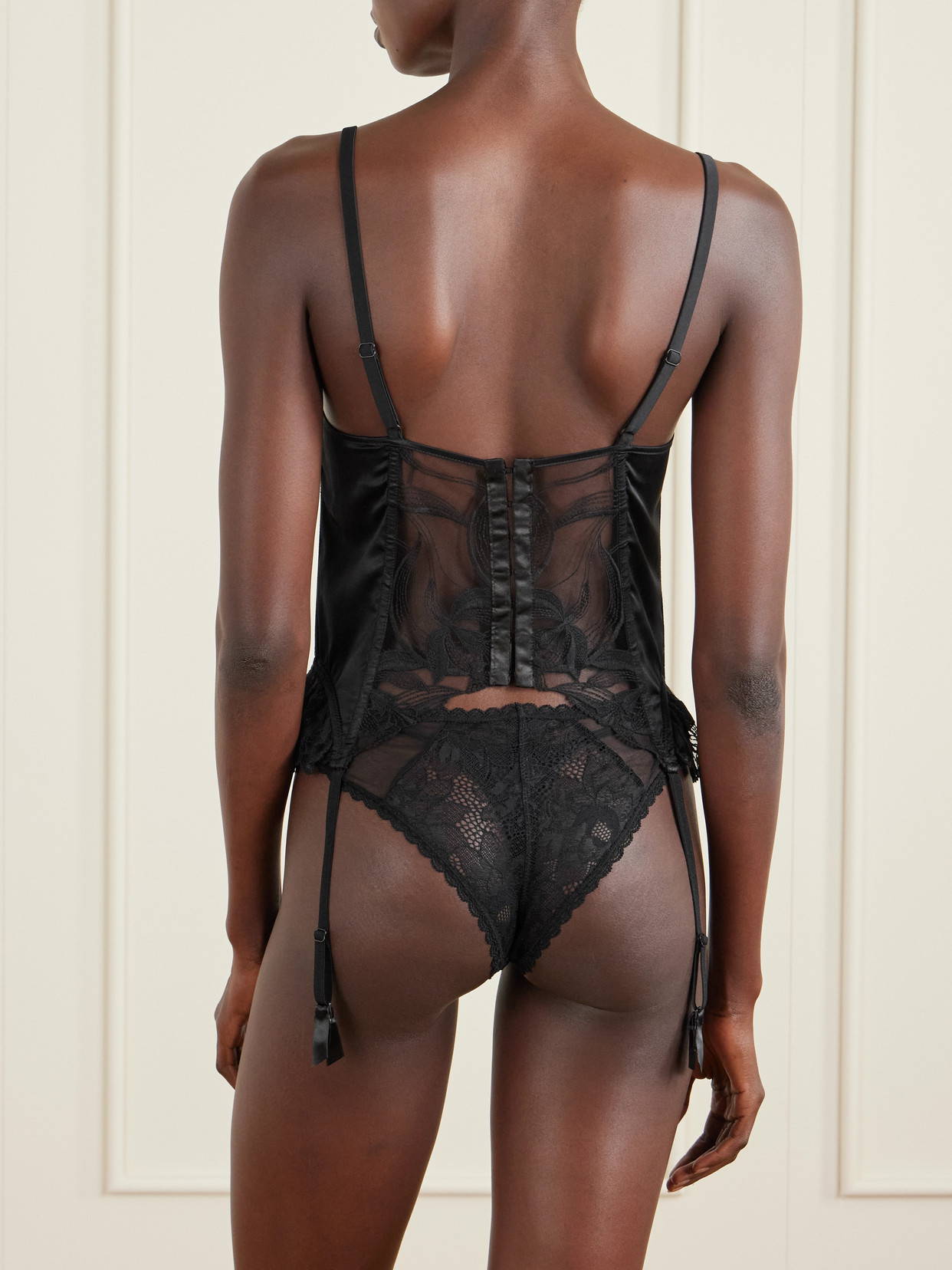 Merry Widow Embroidered Tulle-paneled Stretch-silk Corset - Black