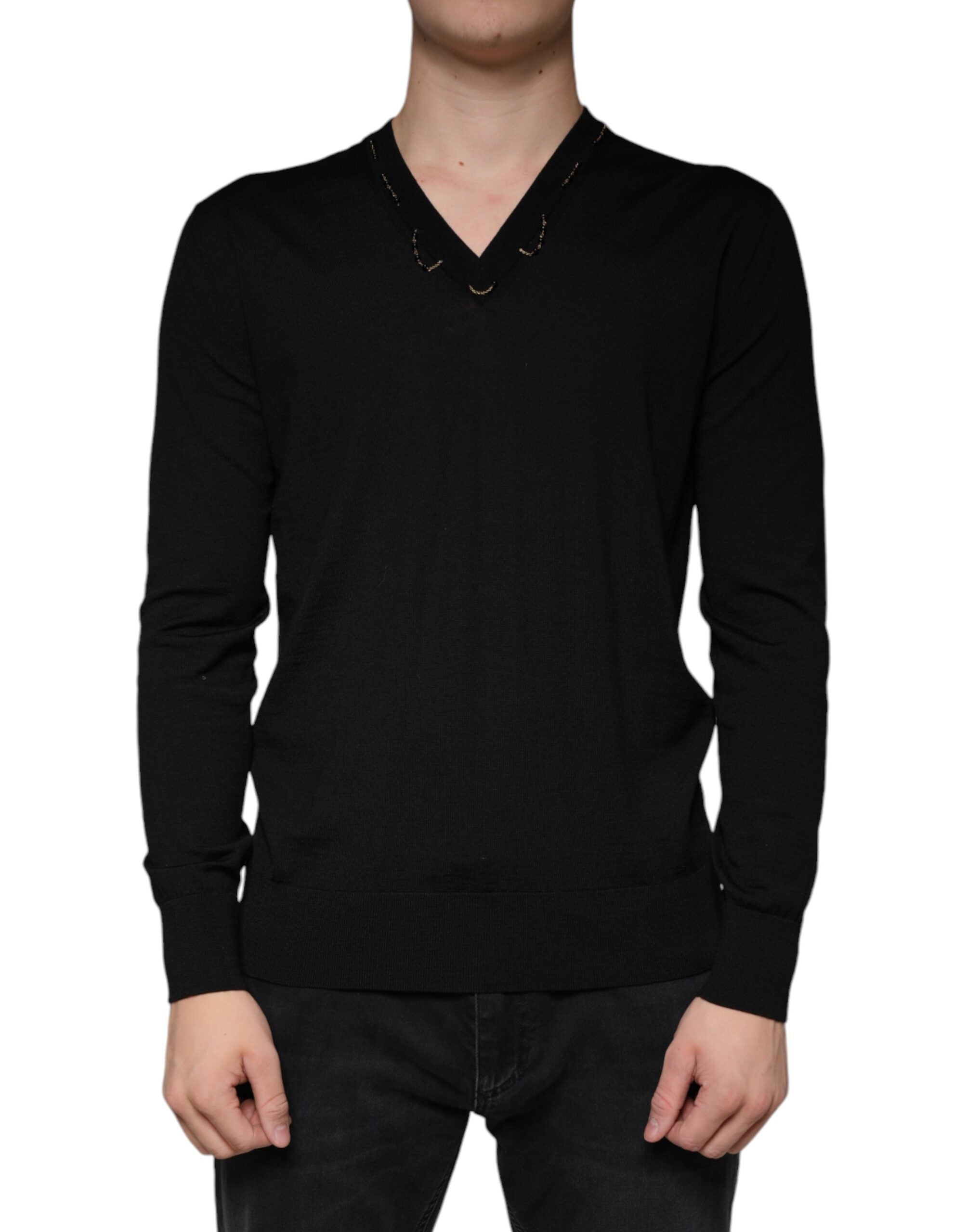 Embellished V-Neck Virgin Wool Sweater — Black