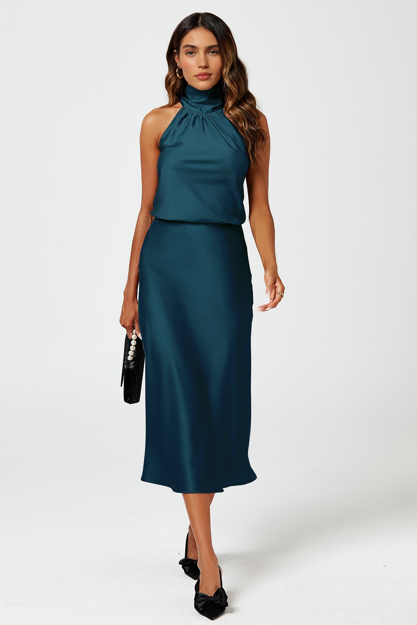 FS Collection Women's High Neck Sleeveless Satin Blouse Top in Teal | : Sma
