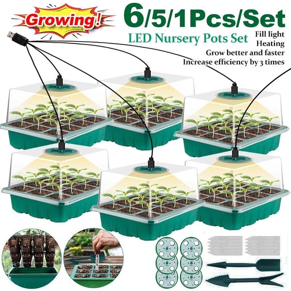 New 6/5/1Pcs/Set Plant Growing Tray Set LED Light Nursery Pots Growing Cells Humidity Box Adjustable Greenhouse Germination Kit Plant Starter Garden