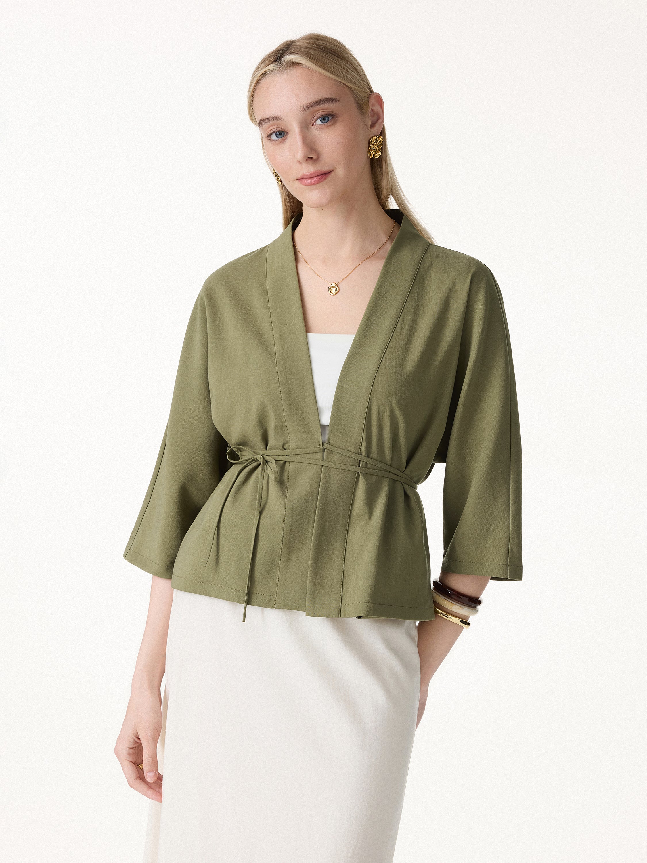 Lyocell-Linen 3/4 Sleeve Cardigan - Olive Green