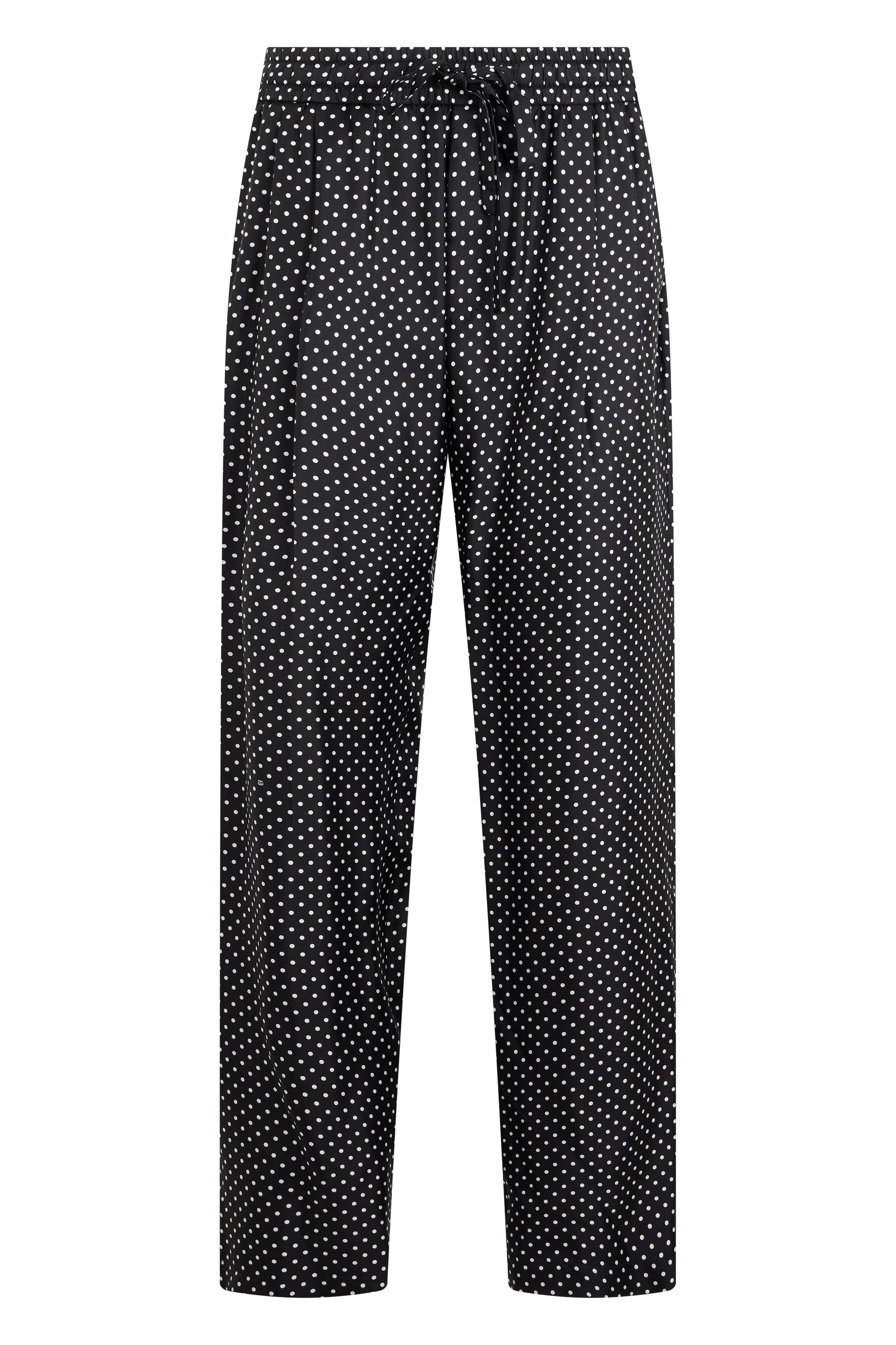 Polka Dot Silk Pants with Elastic Waist & Vertical Pleats