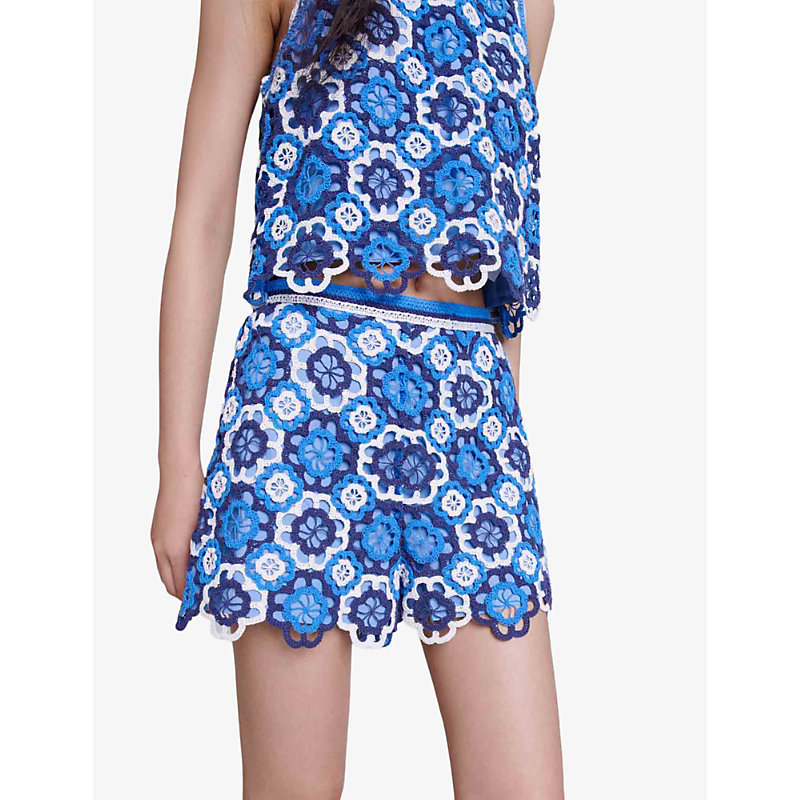 Womens Bleus Clover-motif Crochet Knitted Shorts