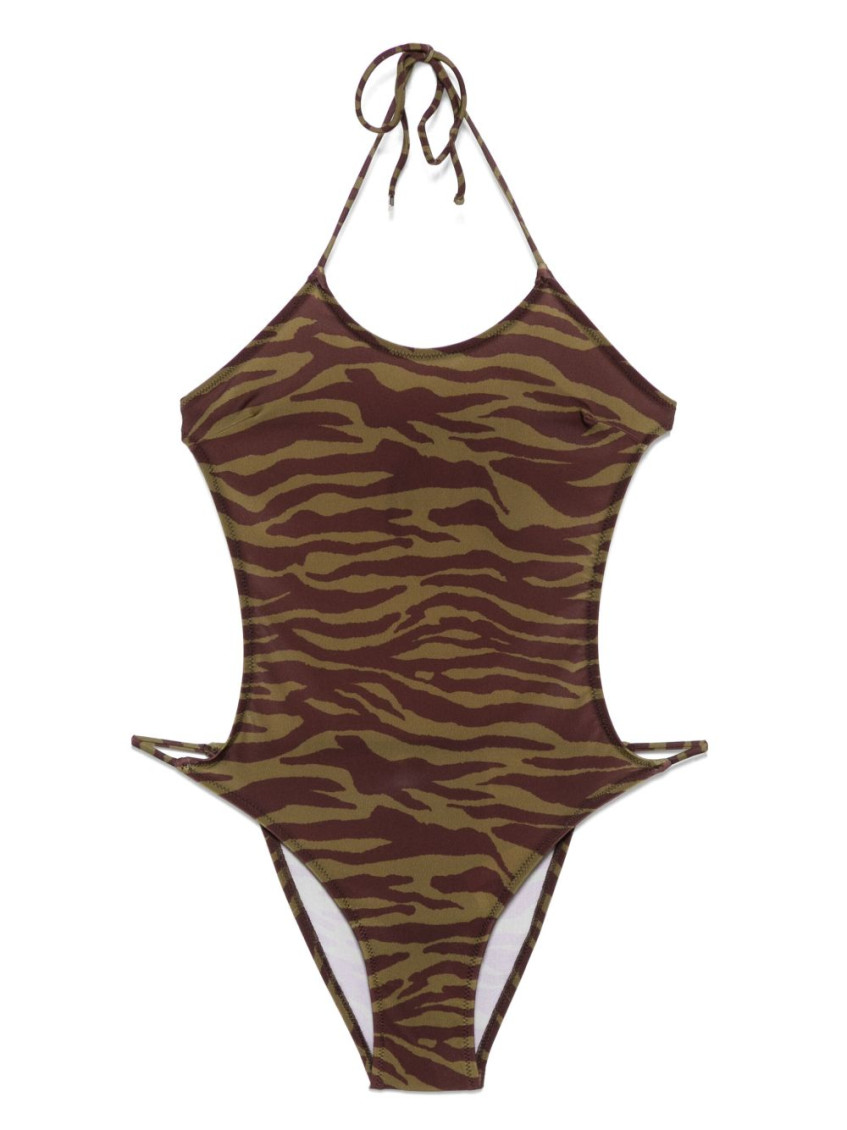 Green Swimsuit With Halterneck With Tie And All-over Print In Tech Fabric Stretch Woman