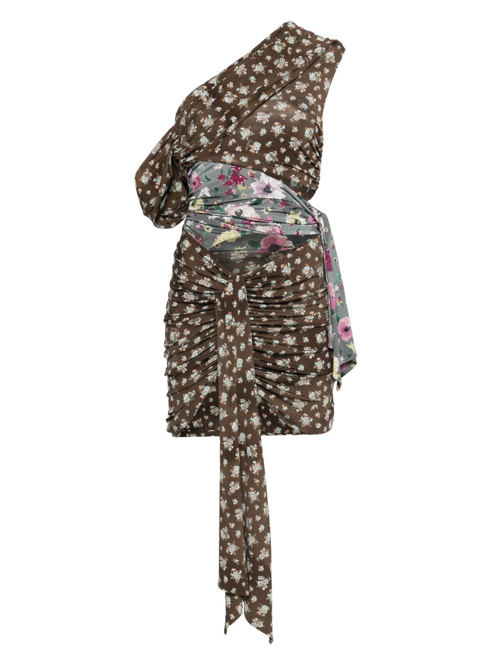 One-shoulder patchwork mini dress - Brown
