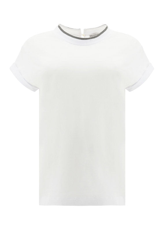 Monili-Embellished Keyhole T-Shirt — White