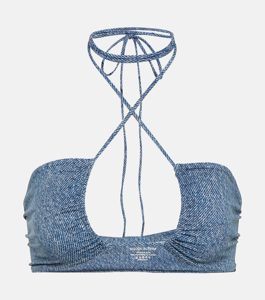 Denim-printed halterneck bikini top