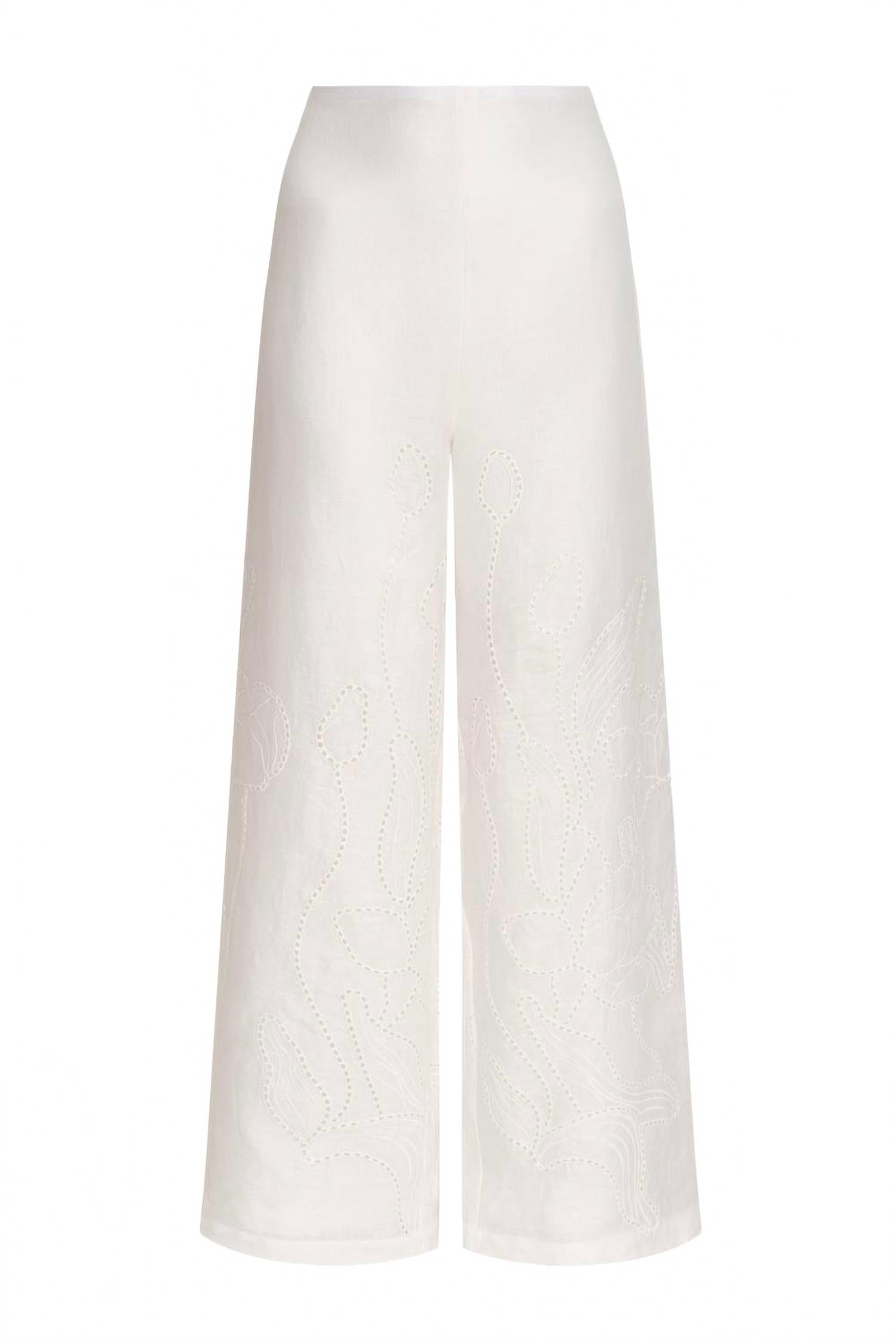 Women's Sueño Botanico Embroidered Linen Wide Leg Pants In Off White