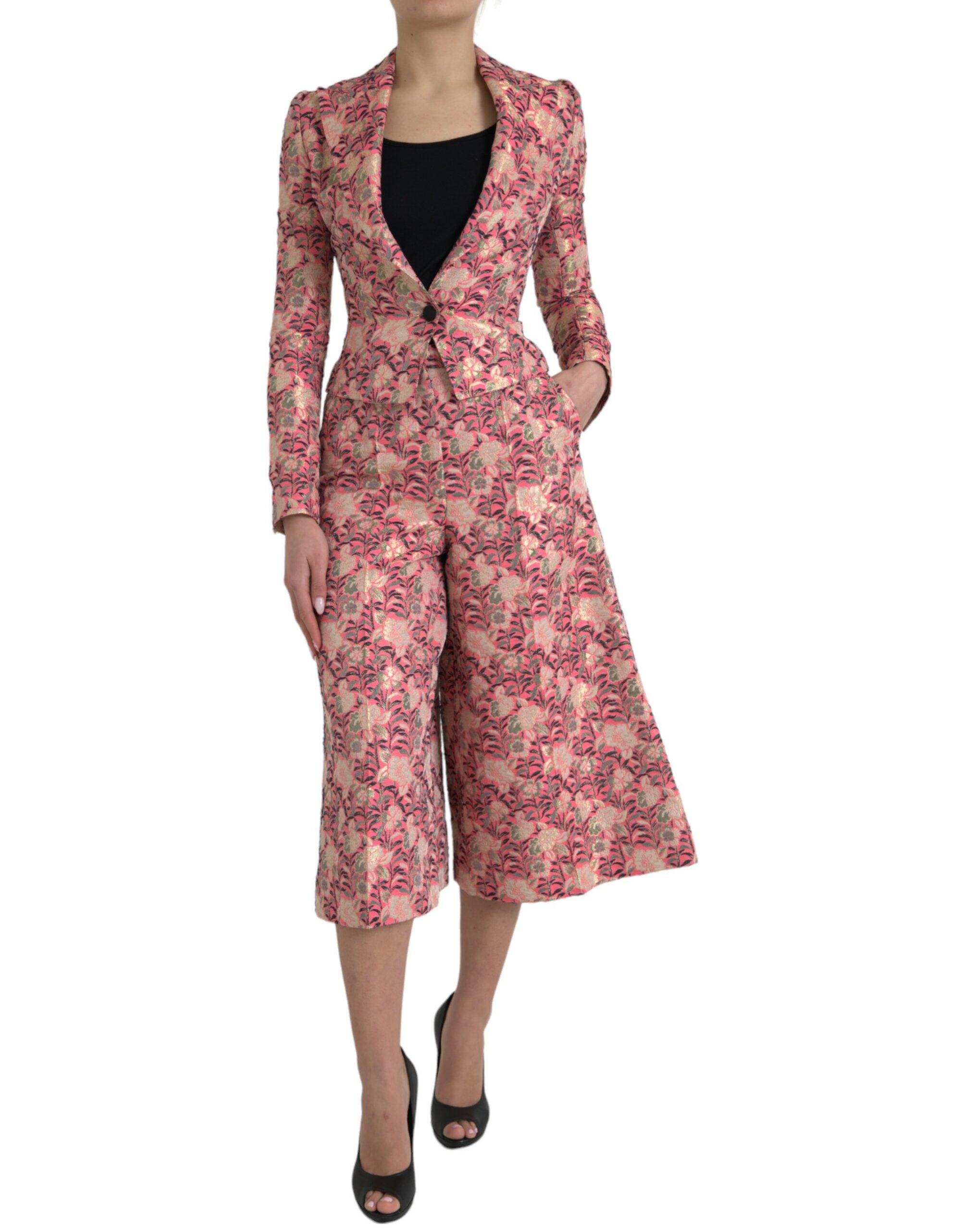 Floral Jacquard Slim Fit Pant Suit — Pink