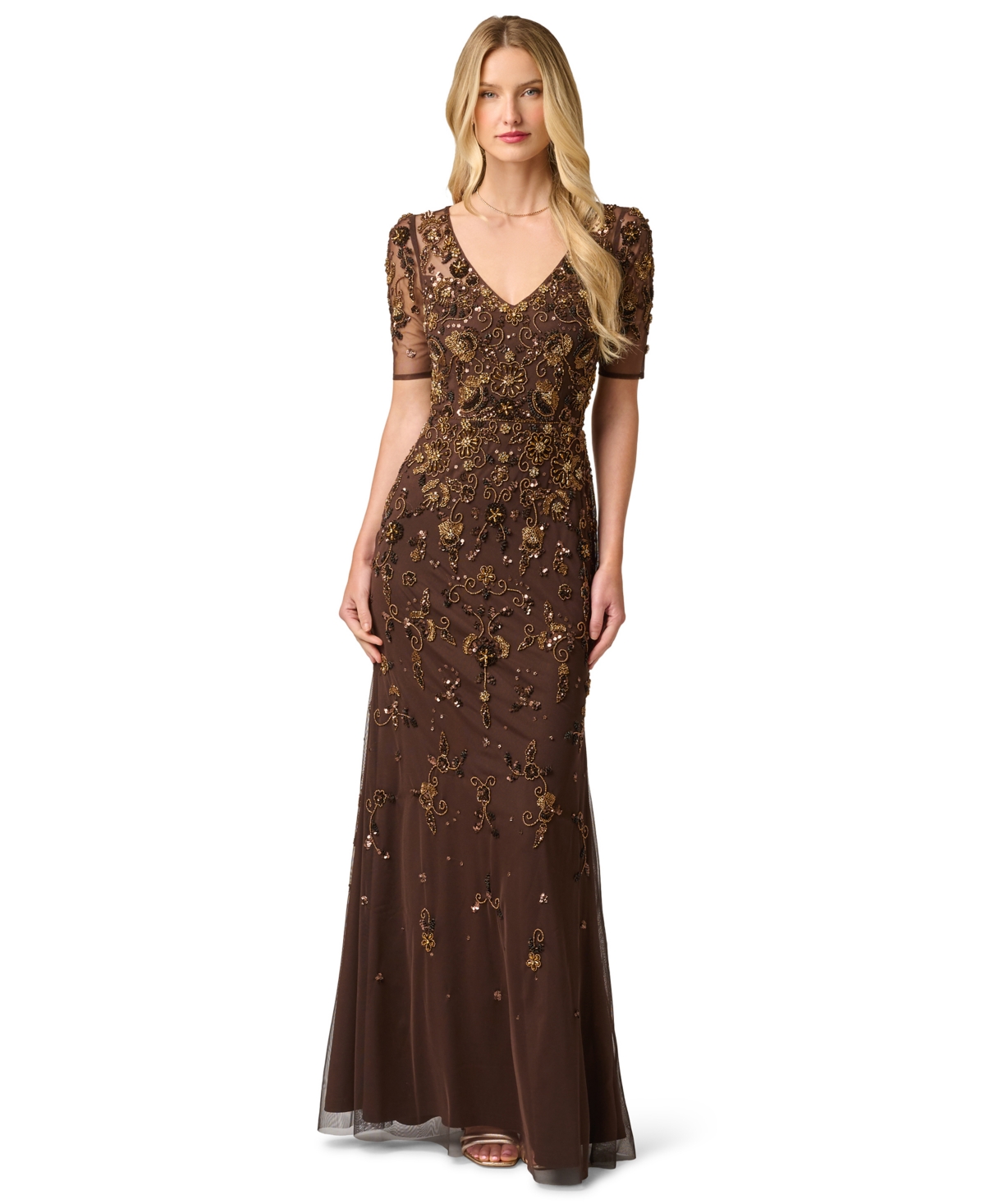 Petite Sequin V-Neck Gown - Chocolate