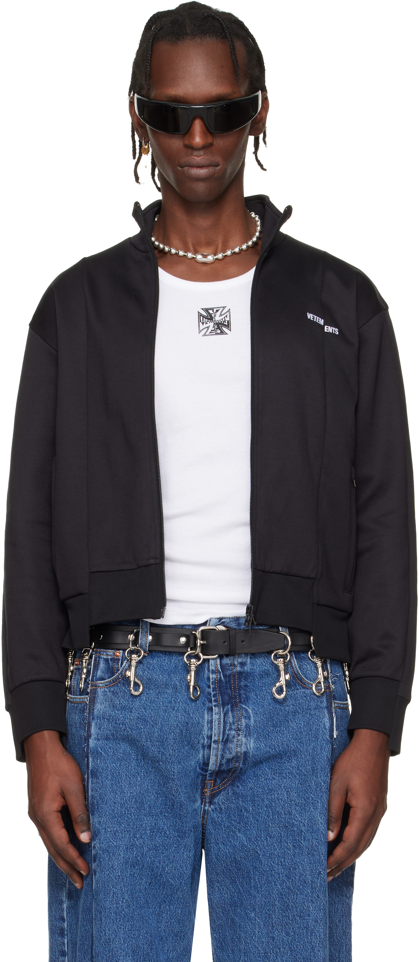 Black Cut-Up Athletic Zip-Up Track Jacket