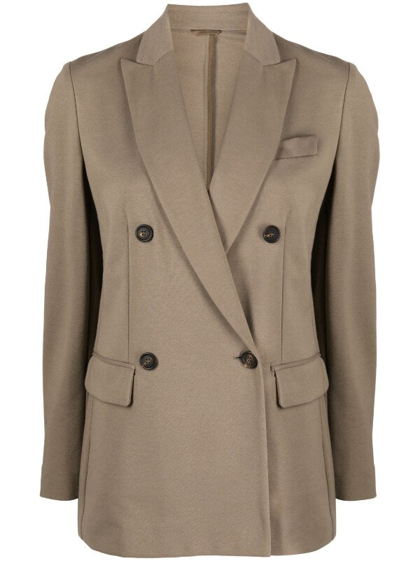 Double-Breasted Cotton-Blend Blazer — Beige