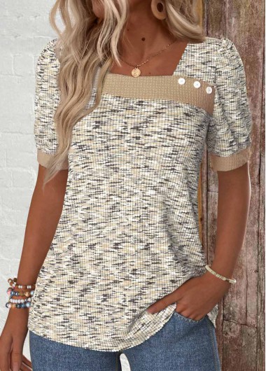 Modlily Light Coffee Button Short Sleeve Asymmetrical Neck T Shirt
