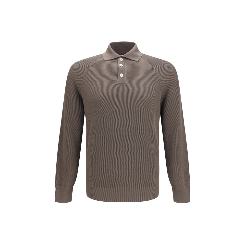Ribbed Knit Cotton Polo Shirt — Brown