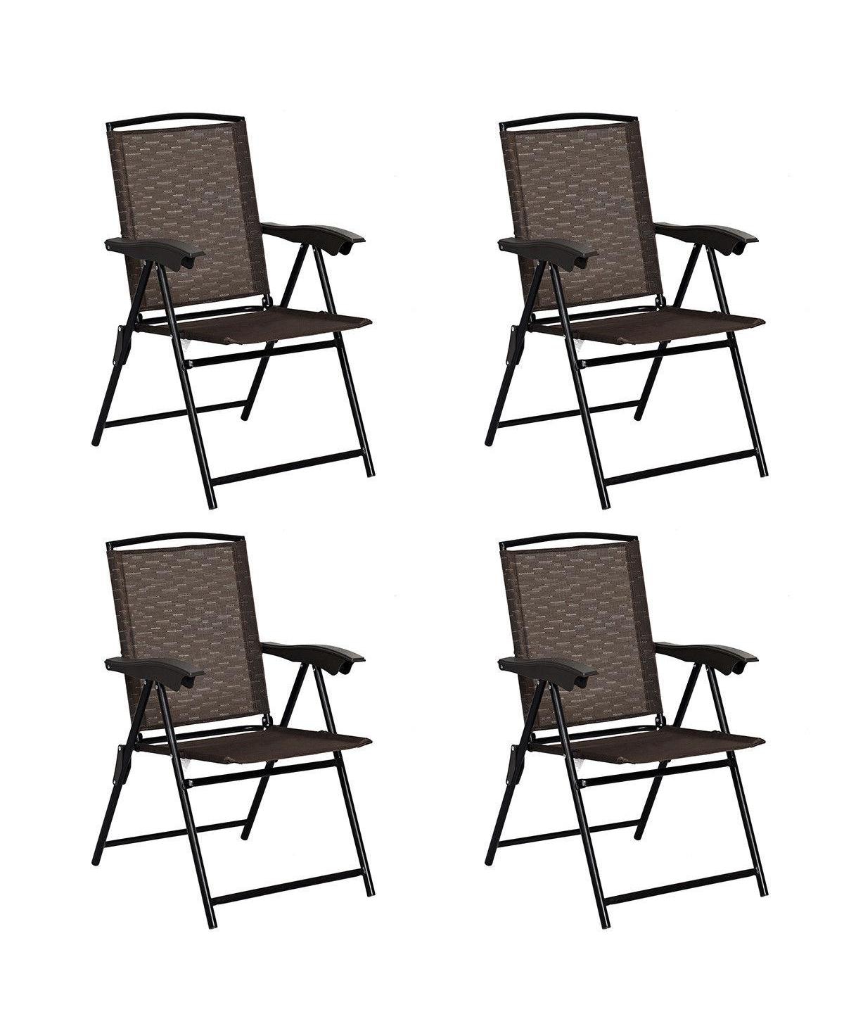 4 Pieces Folding Dining Chairs with Steel Armrests and Sling Back - Brown