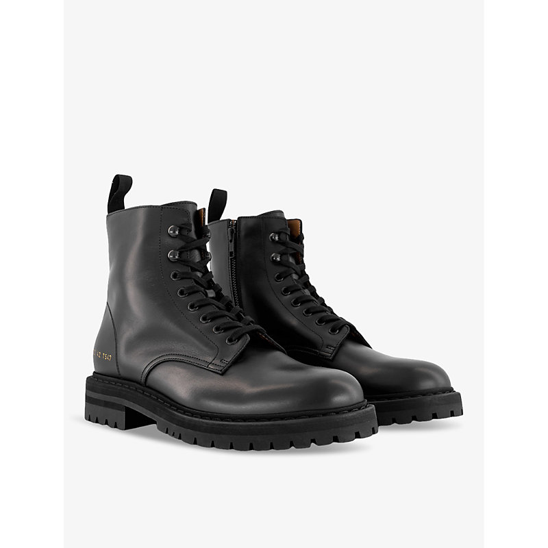 Mens Black Leather Combat Number-print Leather Ankle Boots