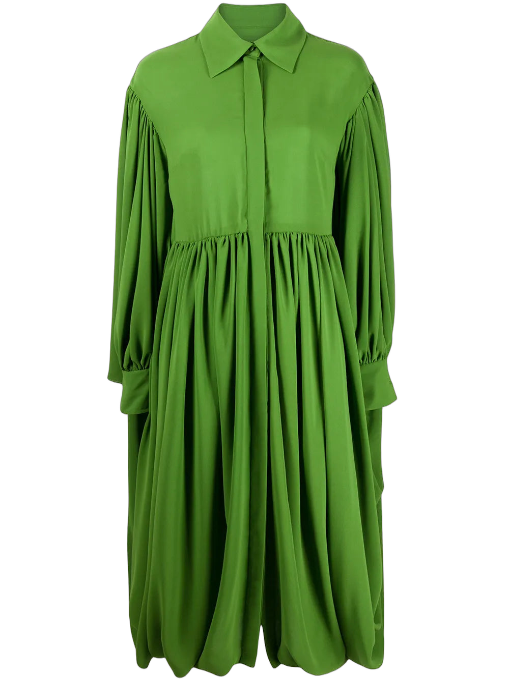 Gathered Hem Pleated Shirt Dress — Green