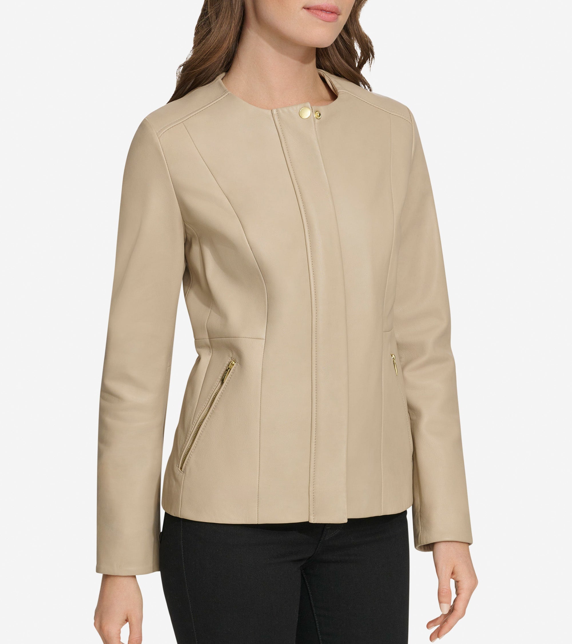 Women's Collarless Leather Jacket - Beige
