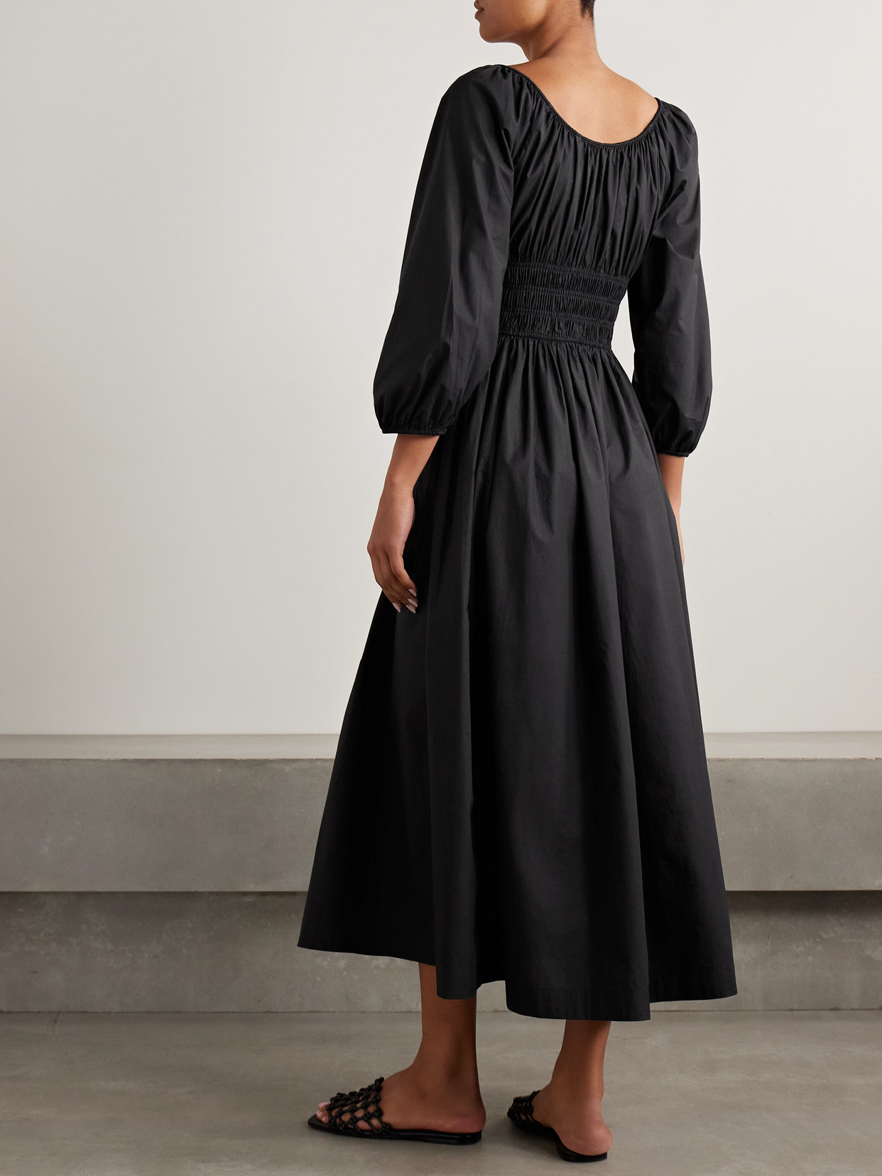 Quintessa Tie-detailed Shirred Organic Cotton-poplin Midi Dress - Black