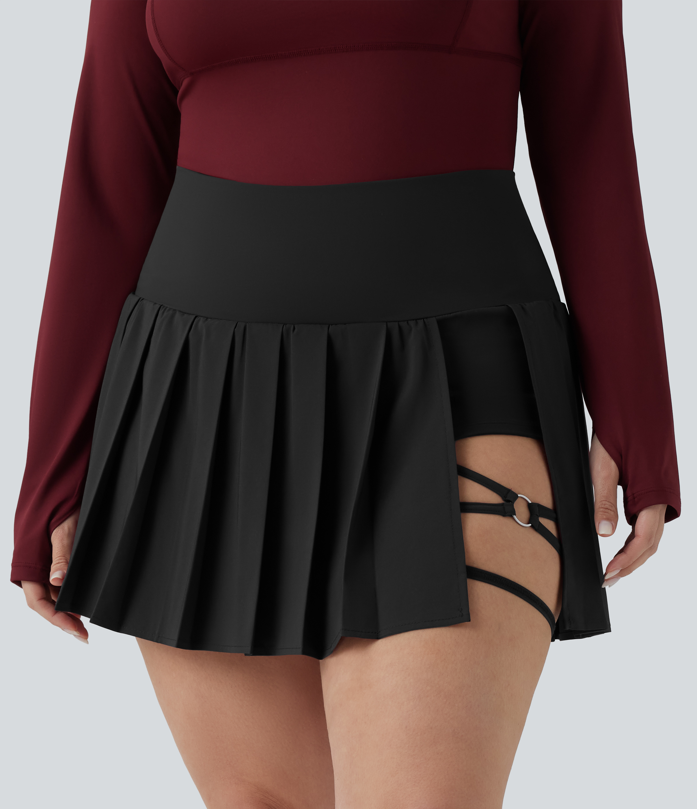 Plus Size Breezeful™ High Waisted Pleated 2-in-1 Asymmetric Hem Quick Dry Mini Yoga Skirt with Pockets  - Black