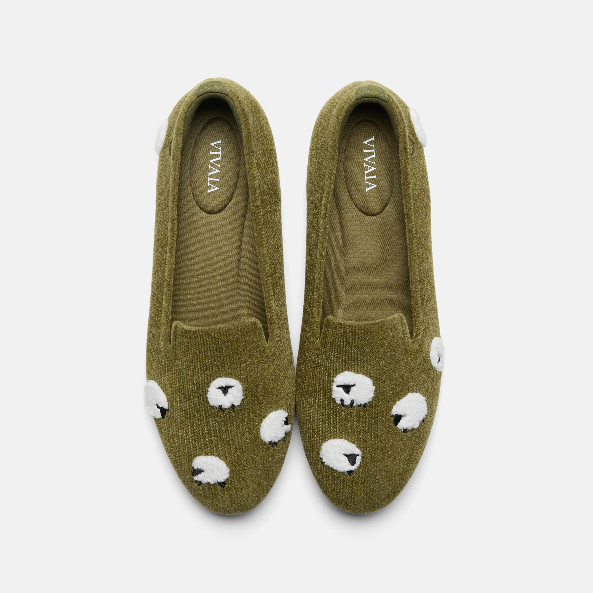 VIVAIA Round-Toe Embroidered Loafers Audrey|OLIVE DRAB - BLACKNOSE SHEEP