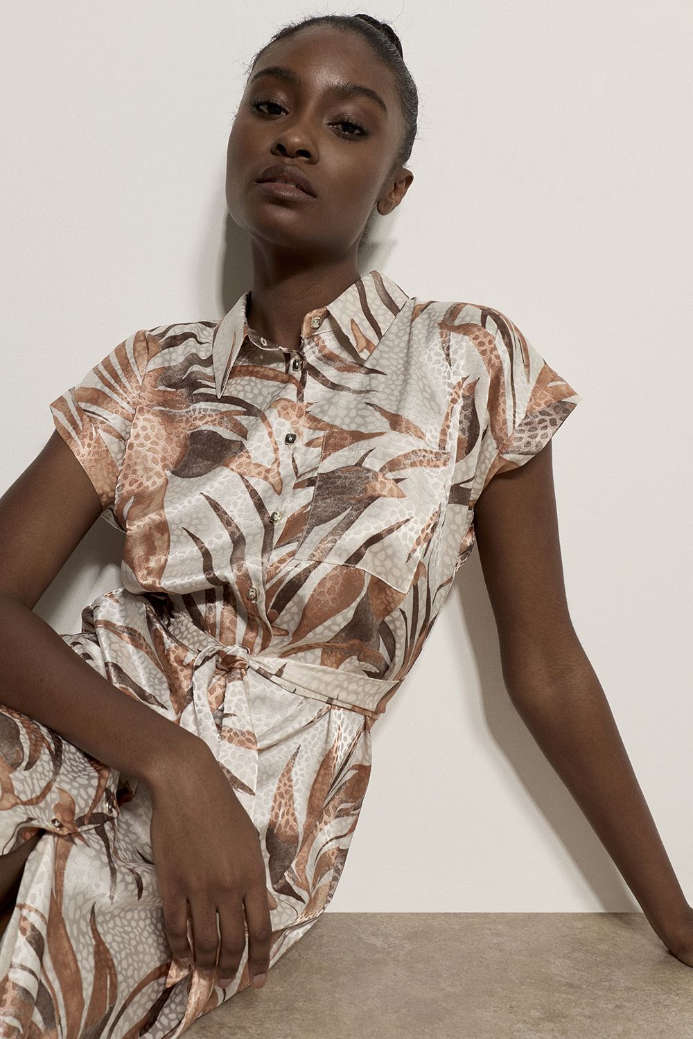 Apricot Tropical Leaf Satin Shirt Midi Dress In Stone